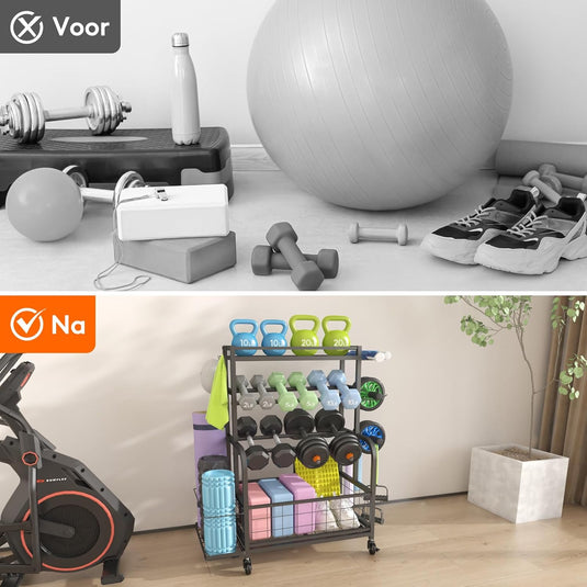 Home gym opbergrek met wielen voor dumbbells en fitnessaccessoires