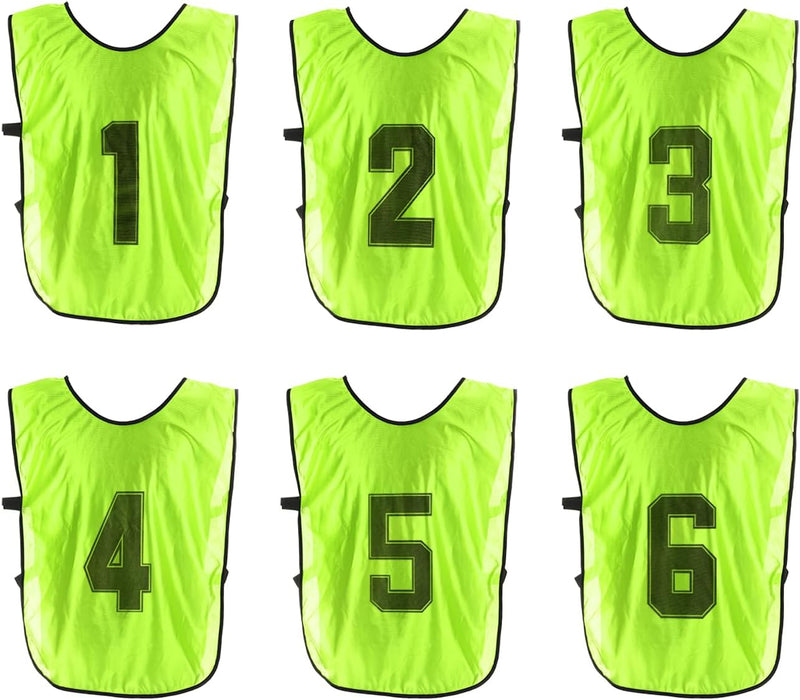 Laad afbeelding in Galerijviewer, Voetbal trainingshesjes 6 stuks genummerd 1 tot 6 voor volwassenen – teamvesten – sporthesjes
