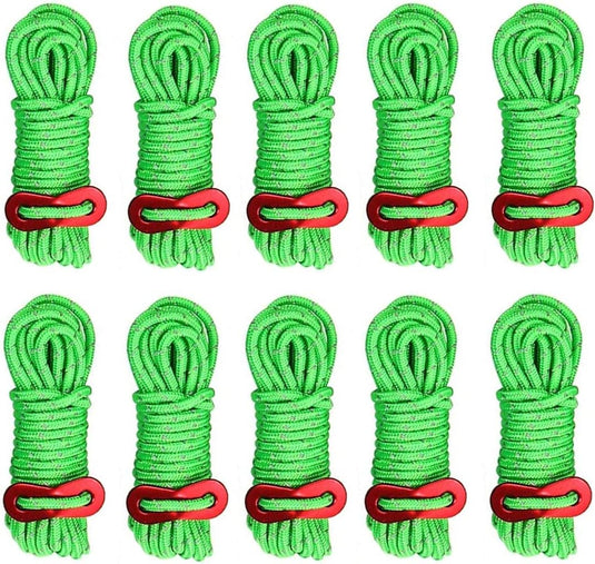 KAHEIGN 10 Stuks Reflecterende Tent Scheerlijnen, 4mm Lichtgewicht Kampeertent Scheerlijnen 4M Lang Scheertouw met Spanningsversteller voor Outdoor Kamperen Wandelen Luifeltenten Winddicht