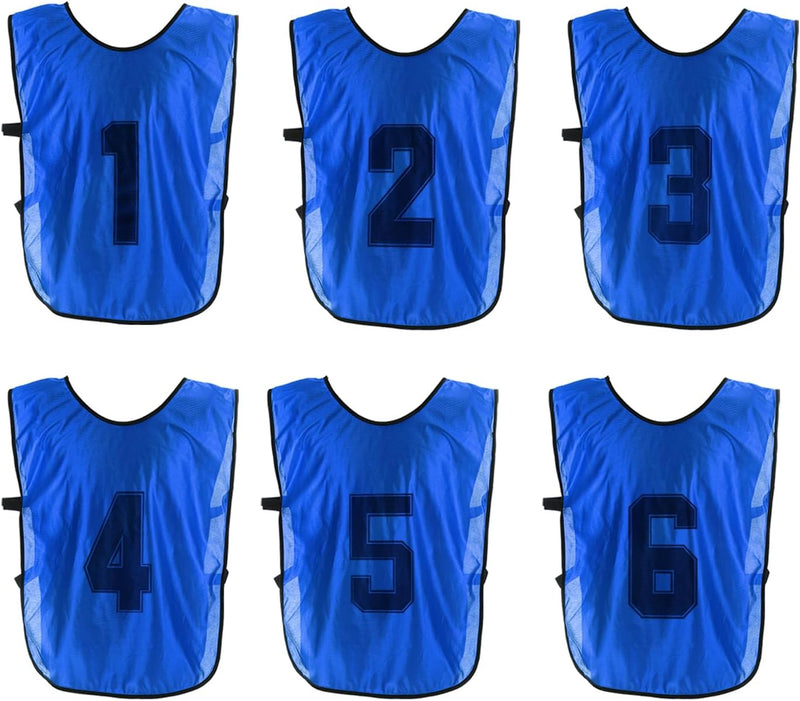 Laad afbeelding in Galerijviewer, Voetbal trainingshesjes 6 stuks genummerd 1 tot 6 voor volwassenen – teamvesten – sporthesjes
