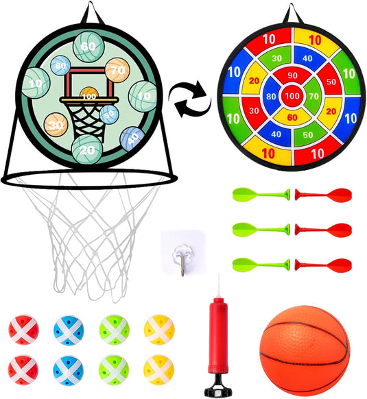 Dubbelzijdig kinderdartbord met basketbalring inclusief 8 klittenballen en mini basketbal – mikspel – basketbalspel