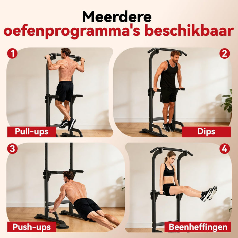 Laden Sie das Bild in Galerie -Viewer, Verstelbare power tower 4-in-1 met optrekstang en dipstation tot 120 kg – krachtstation – fitnessrek
