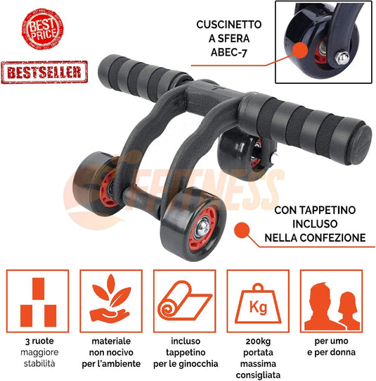 Ab roller met 3 wielen en kniemat tot 100 kg – buikspiertrainer – ab wheel