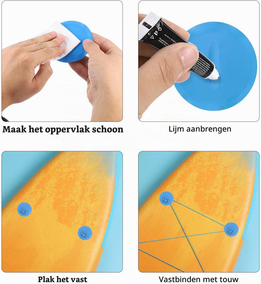 D-ring bevestigingspads 6 stuks 8 cm van PVC grijs – roestvrijstalen bevestigingsringen – SUP kajak accessoires