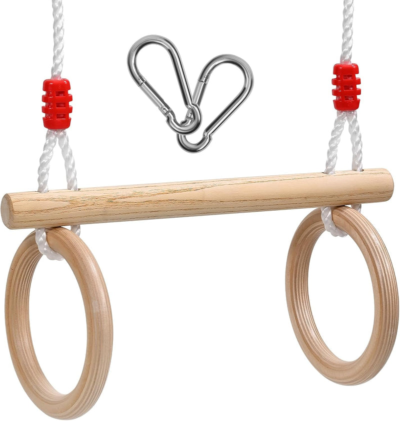 Chargez l'image dans la visionneuse de la galerie, Trapezeschommel 2-in-1 met houten stang en gymnastiekringen tot 50 kg – kinderschommel – turnringen
