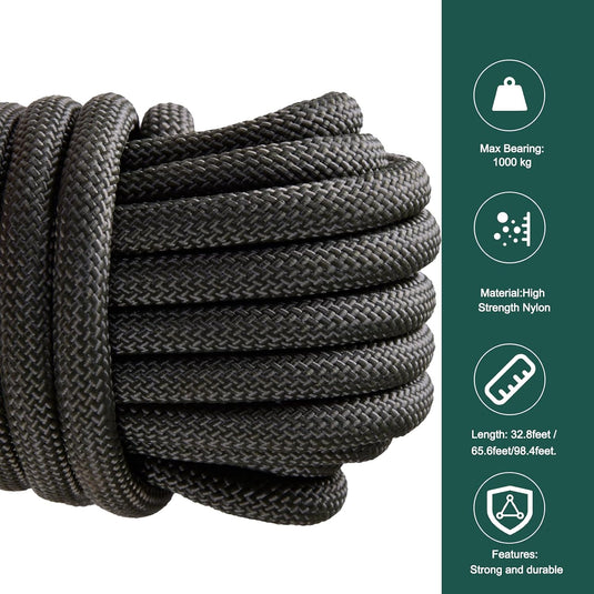Statisch outdoor touw 30 m x 10 mm – met 2 karabijnhaken voor camping en buitengebruik