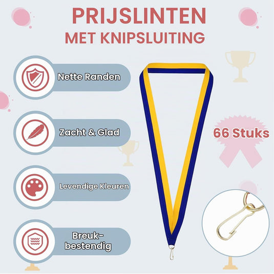 Medaille neklinten 66 stuks 43 x 2,2 cm blauw-geel met klikclip – award linten – sport accessoires