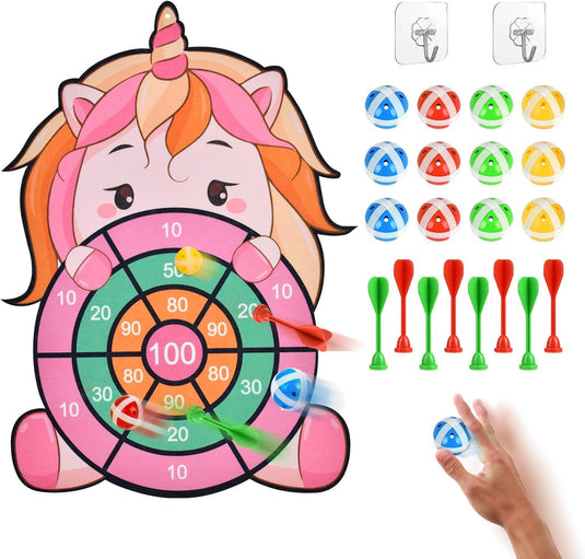 Cible de fléchettes licorne pour enfants de 42 cm avec 12 balles adhésives et 8 fléchettes à scratch - jeu de licorne - jeu d’adresse
