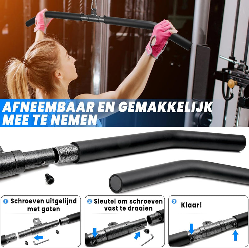 Laden Sie das Bild in Galerie -Viewer, Lat pulldown bar 85 of 100 cm met EVA antislip handgrepen tot 130 kg – kabelstang – fitness accessoire
