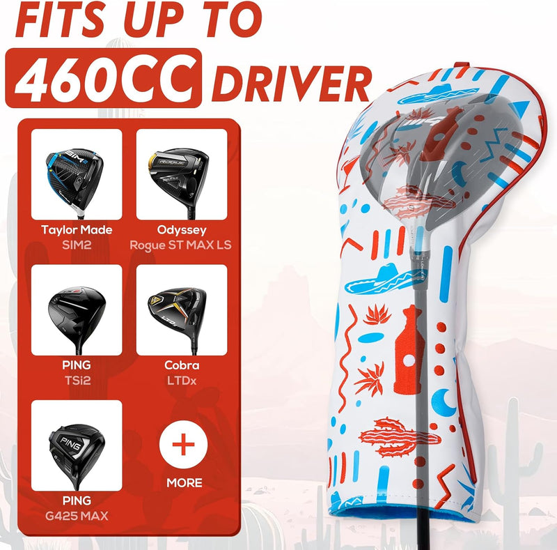 Laad afbeelding in Galerijviewer, Golfclub beschermhoes van leer met Mexicaans tequila borduurwerk voor drivers en fairway woods – drivercover – golfcadeau

