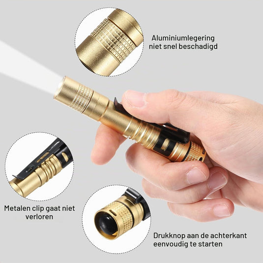 Mini LED zaklamp met clip 91 mm zwart – aluminium penlight – camping en outdoor accessoires