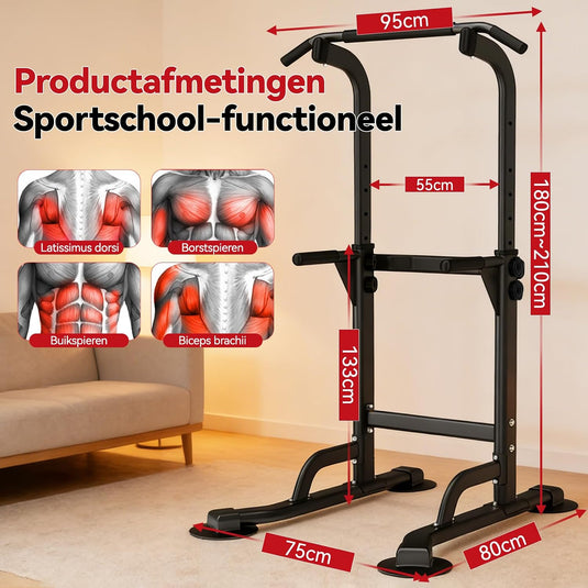 Verstelbare power tower 4-in-1 met optrekstang en dipstation tot 120 kg – krachtstation – fitnessrek