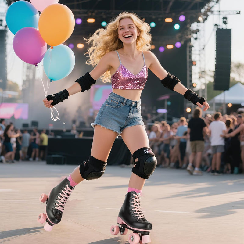 Laad afbeelding in Galerijviewer, Rolschaatsen voor vrouwen meisjes zwarte roller derby skates volwassen dubbele rij lichtgevende schaatsen voor jeugd volwassen beginner (Eur 99-24 cm - UK: Dames 5,5 / Heren 5)
