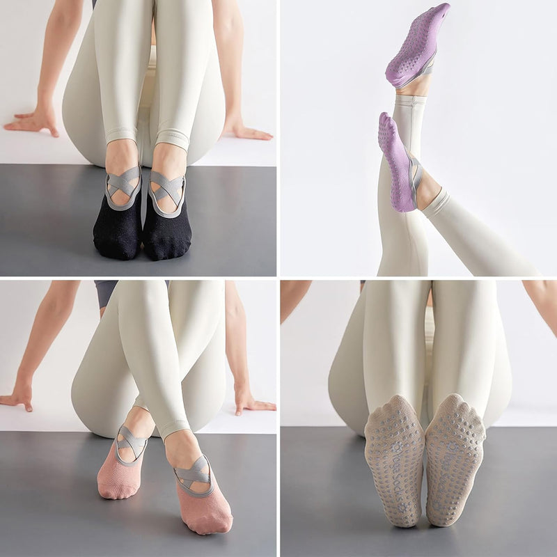 Carica immagine in Galleria Viewer, Antislip sokken dames 4 paar maat 35-40 met siliconen grip – yoga pilates trampoline sokken

