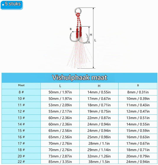 Dubbele assist vishaken 5 stuks maat 13 met glow draad – jigging haken – visaccessoires