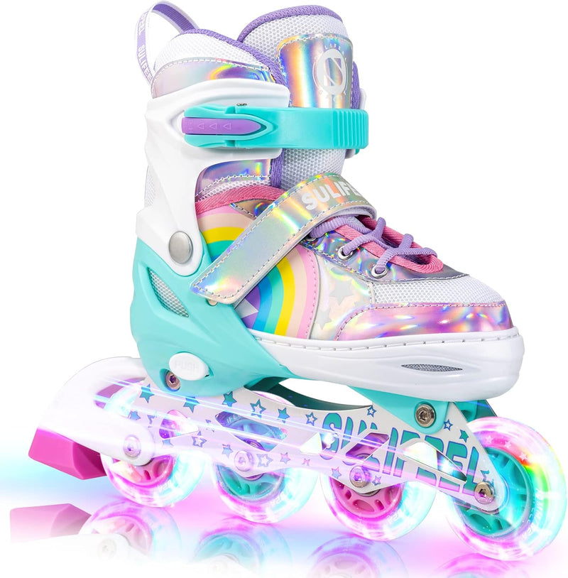 Load image into Gallery viewer, SULIFEEL Rainbow Unicorn Verstelbare zwarte rolschaatsen voor kinderen, met lichtgevende wielen, voor jongens
