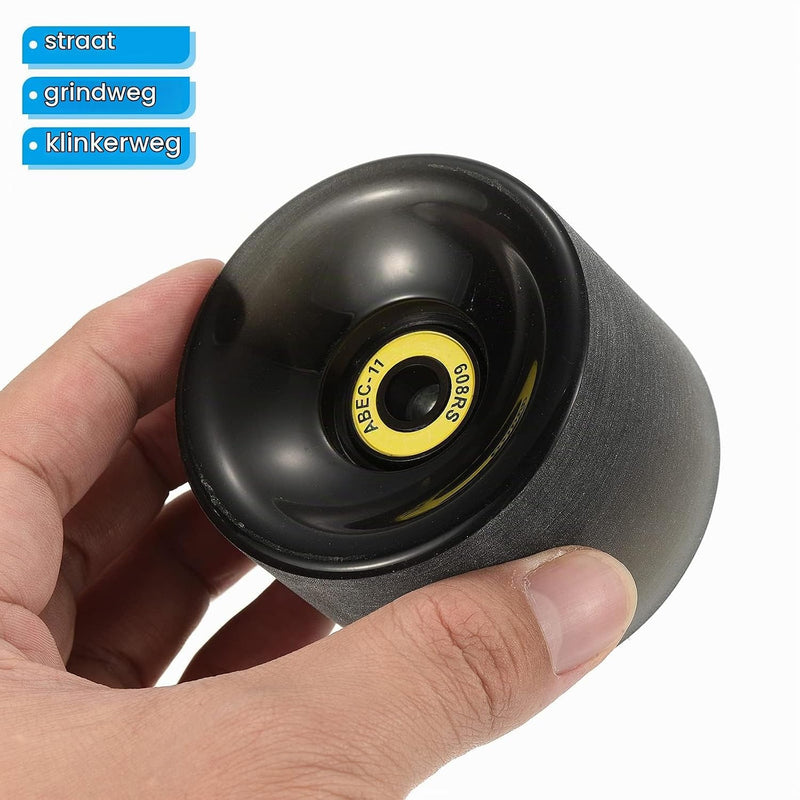 Laden Sie das Bild in Galerie -Viewer, Longboard wielen 65 x 51 mm 78A met ABEC-11 lagers 4 stuks zwart – cruiser skateboard wielen
