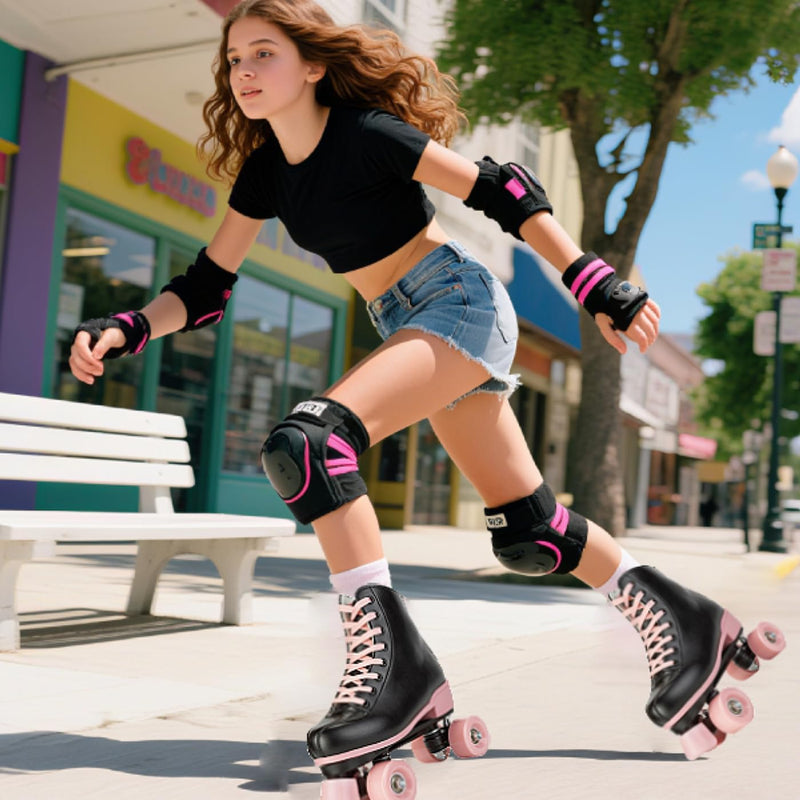 Laad afbeelding in Galerijviewer, Rolschaatsen voor vrouwen meisjes zwarte roller derby skates volwassen dubbele rij lichtgevende schaatsen voor jeugd volwassen beginner (Eur 99-24 cm - UK: Dames 5,5 / Heren 5)
