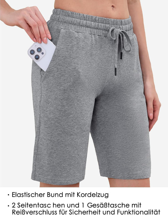 MOVE BEYOND Bermudashort voor dames, 36 cm lang, 3 zakken, atletische yoga, gym, sweatshorts met trekkoord, lounge, slaapshorts
