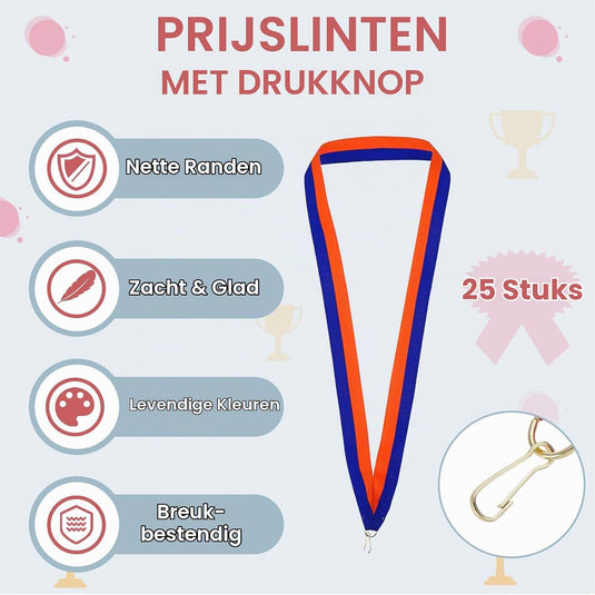 Medaille neklinten 25 stuks 43 x 2,2 cm blauw-oranje met klikclip – award linten – sport accessoires