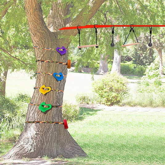 Aste sospese in legno, 2 pezzi da 35 cm, con corde di sospensione e moschettoni – percorso ninja – accessori per arrampicata