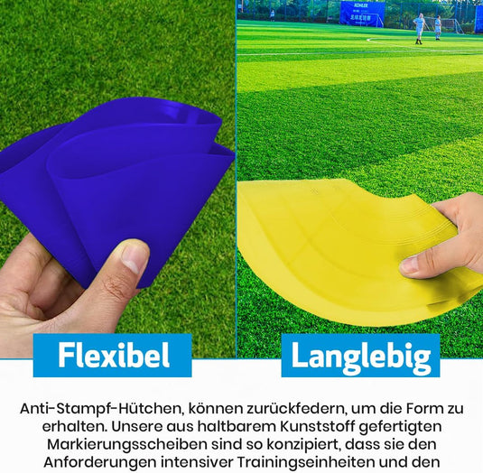 Markeringsschijven 50 stuks in 5 kleuren met houder – trainingshoedjes – voetbal pionnen