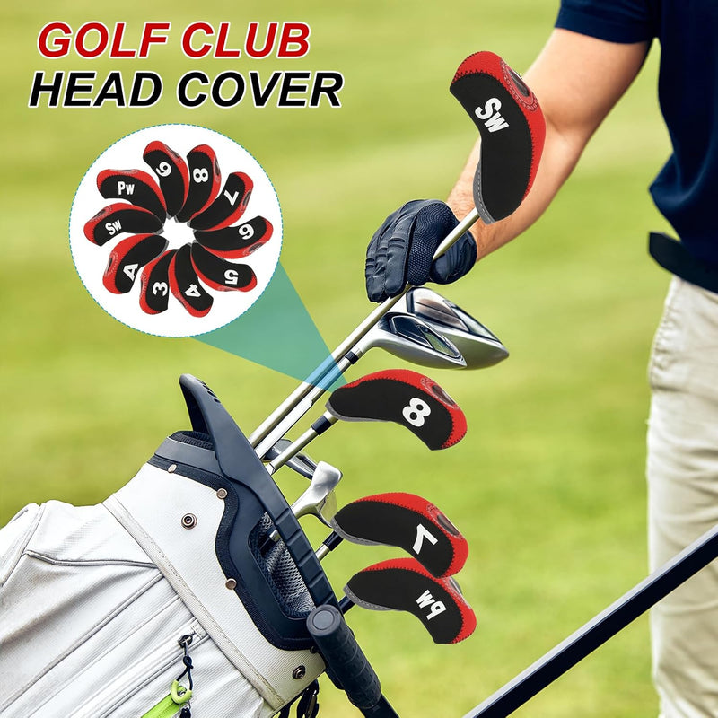 Załaduj obraz do przeglądarki galerii, Golfclub beschermhoezen 10 stuks zwart neopreen – genummerde ijzerhoezen – golf headcovers voor golfset en golftas
