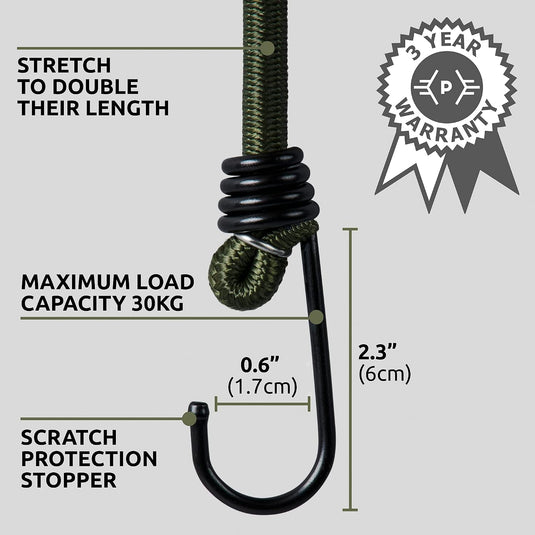 Pluvios Robuuste snelbinders met haken, 10 stuks, maat naar keuze, elastische multifunctionele rubberen spanbanden voor bagage, dakdragers, camping, weerbestendig, UV-bestendige snelbinder, 30 cm