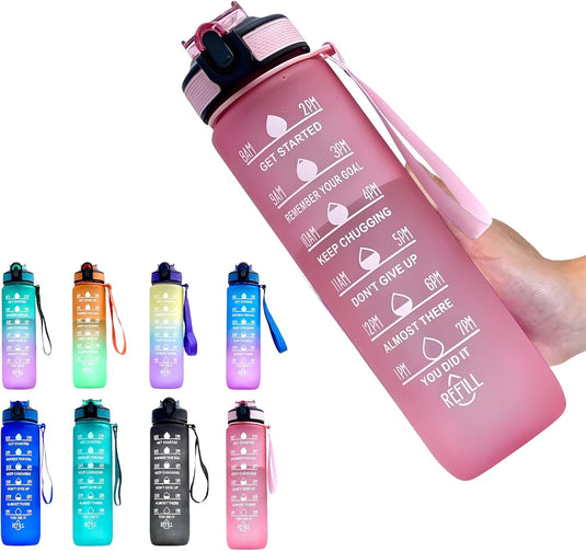 Waterfles met rietje en tijdmarkering 1 liter