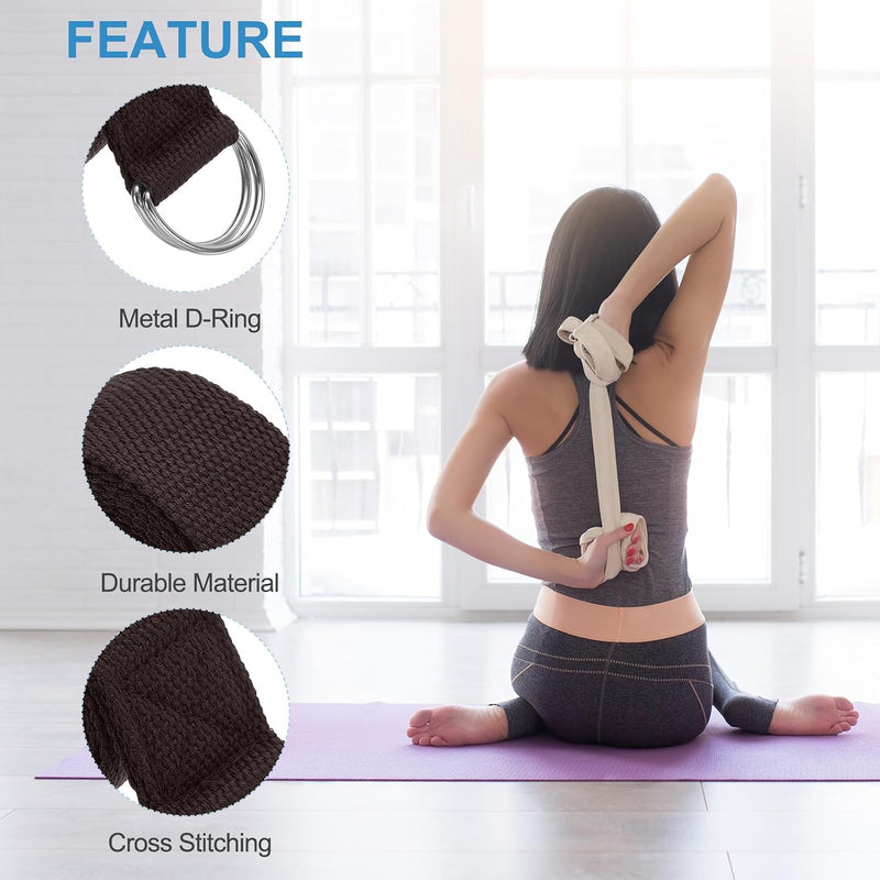 Załaduj obraz do przeglądarki galerii, Yogariemen 6 stuks 180 x 3,8 cm van katoen met D-ring bruin – stretchbanden – yoga pilates accessoires
