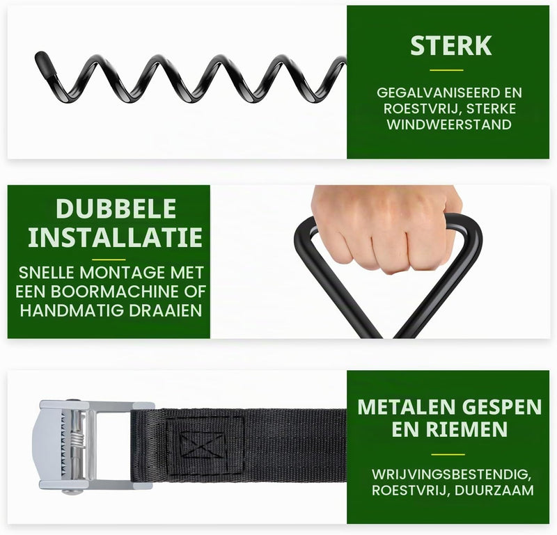 Załaduj obraz do przeglądarki galerii, Grondankers 4 stuks 40 cm met verstelbare riemen en booradapter – trampoline ankers – stormankers
