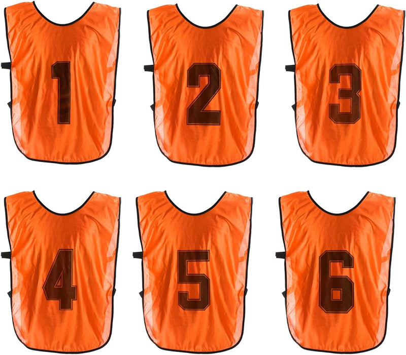 Laad afbeelding in Galerijviewer, Voetbal trainingshesjes 6 stuks genummerd 1 tot 6 voor volwassenen – teamvesten – sporthesjes
