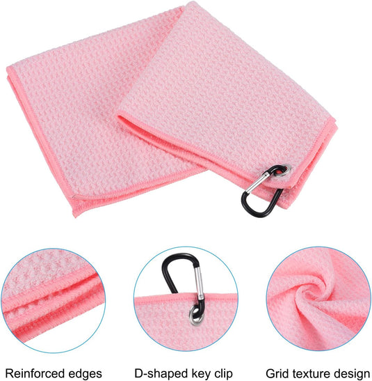 Golfhanddoek 40 x 40 cm met D-clip roze – absorberende tri-fold handdoek – golf accessoires