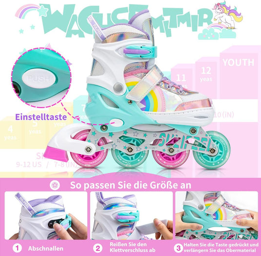 SULIFEEL Rainbow Unicorn Verstelbare zwarte rolschaatsen voor kinderen, met lichtgevende wielen, voor jongens