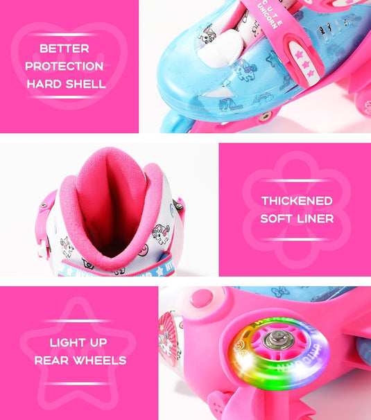 Rolschaatsen voor peuters (3-9 jaar), verstelbaar, leuke verlichting, veiligheid, 3-puntsbalans, beginnersrolschaatsen (eenhoorn, roze, 25-28)