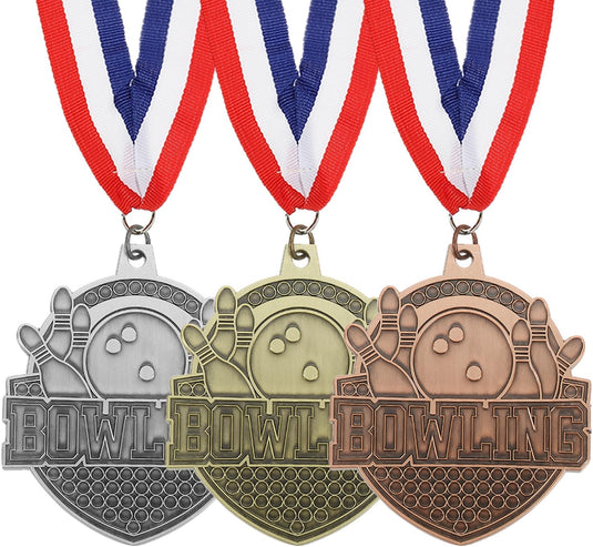 Bowling medailles 3 stuks goud zilver brons met neklinten – sportmedailles – prijzen en trofeeën
