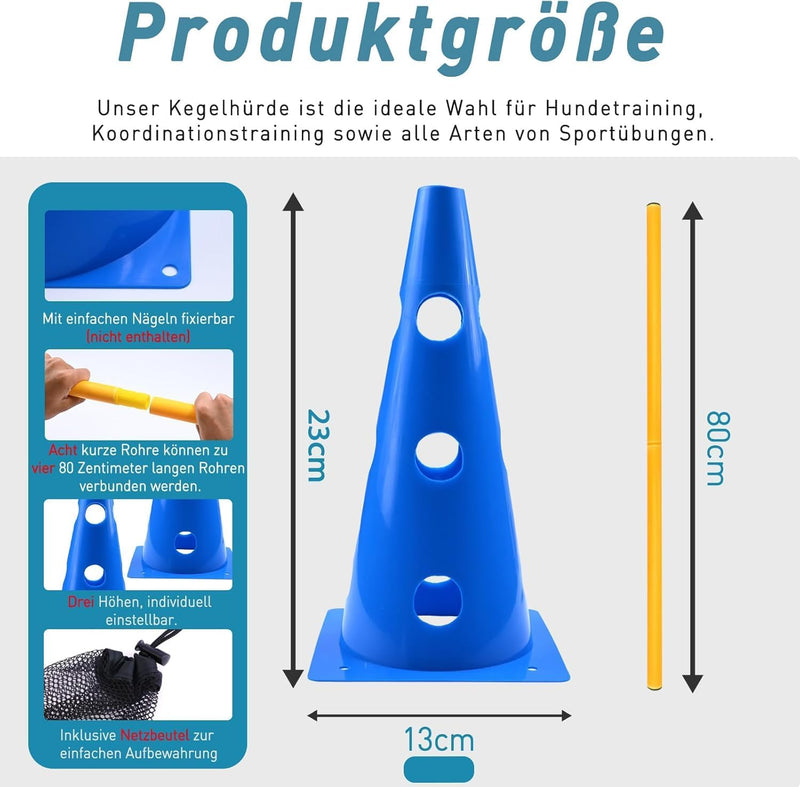 Load image into Gallery viewer, Agility hindernisset met 8 kegels en 8 verstelbare stangen – hondentraining – behendigheidsset

