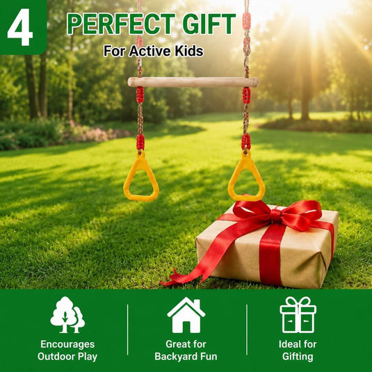 Trapezeschommel 2-in-1 met gymnastiekringen tot 120 kg – houten turnschommel – binnen en buiten
