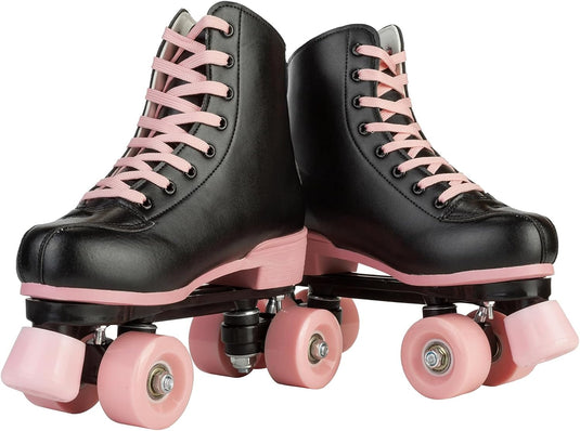Rolschaatsen voor vrouwen meisjes zwarte roller derby skates volwassen dubbele rij lichtgevende schaatsen voor jeugd volwassen beginner (Eur 99-24 cm - UK: Dames 5,5 / Heren 5)
