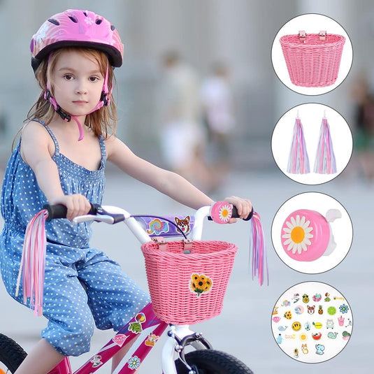 Flintronic Kinderfietsmand, handgeweven fietsmand voor kinderen, fietsmand voor meisjes, jongens, kinderen, met fietsaccessoires