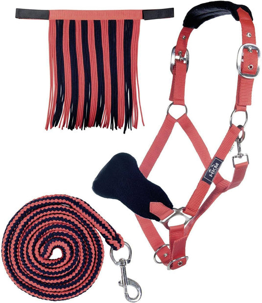 HKM Holster met gebreide karabijnhaak & vliegenfranjes, grijs/roze, pony