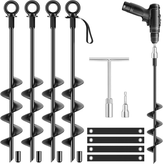 Grondankers 4 stuks 45,7 cm met spanbanden en booradapter – trampoline ankers – stormankers
