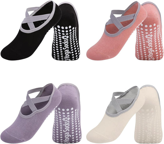Antislip sokken dames 4 paar maat 35-40 met siliconen grip – yoga pilates trampoline sokken