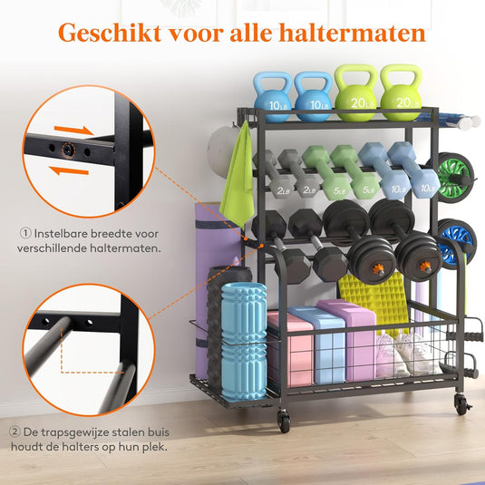 Home gym opbergrek met wielen voor dumbbells en fitnessaccessoires