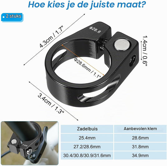 Fiets zadelpenklem 34,9 mm (2 stuks) - Aluminium zitbuis klem - Zadelpen klem mountainbike & racefiets