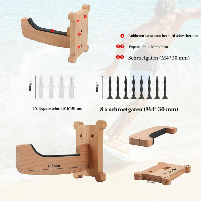 Laad afbeelding in Galerijviewer, Surfboard wandhouder van beukenhout met 17,8 cm steunarmen – verticale boardhouder – surf accessoires
