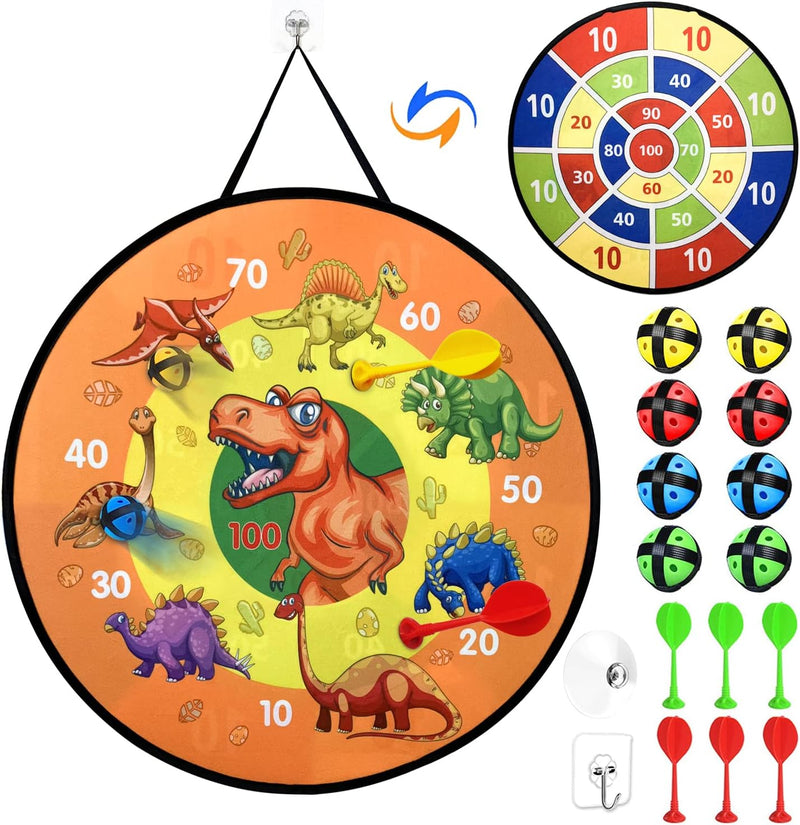 Bild im Galerie-Viewer laden, Doppelseitiges Dartboard für Kinder, 66 cm, mit Dinosauriermotiv und 14 Wurfzubehörteilen – Dinosaurierspiel – Zieltraining
