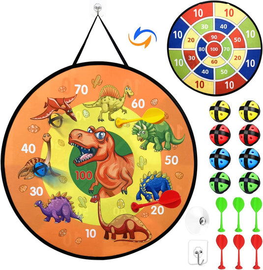 Doppelseitiges Dartboard für Kinder, 66 cm, mit Dinosauriermotiv und 14 Wurfzubehörteilen – Dinosaurierspiel – Zieltraining