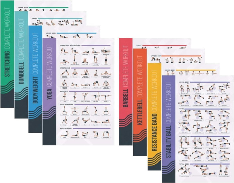 Laad afbeelding in Galerijviewer, 8 Pack Workout Oefening Poster Bundel - Halter, Barbell, Lichaamsgewicht, Yoga, Stretching, Stabiliteit Bal, Weerstandsbanden, Kettlebell | Home Gym Decor, Kamer Guide (16,5 x 25 Inch) - happygetfit.com
