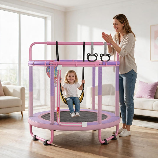 CZCPAPY Trampoline voor kinderen, outdoor trampoline voor binnen en buiten, met veiligheidsnet, mand, stangen, schommels, cadeau voor kinderen (roze-paars)